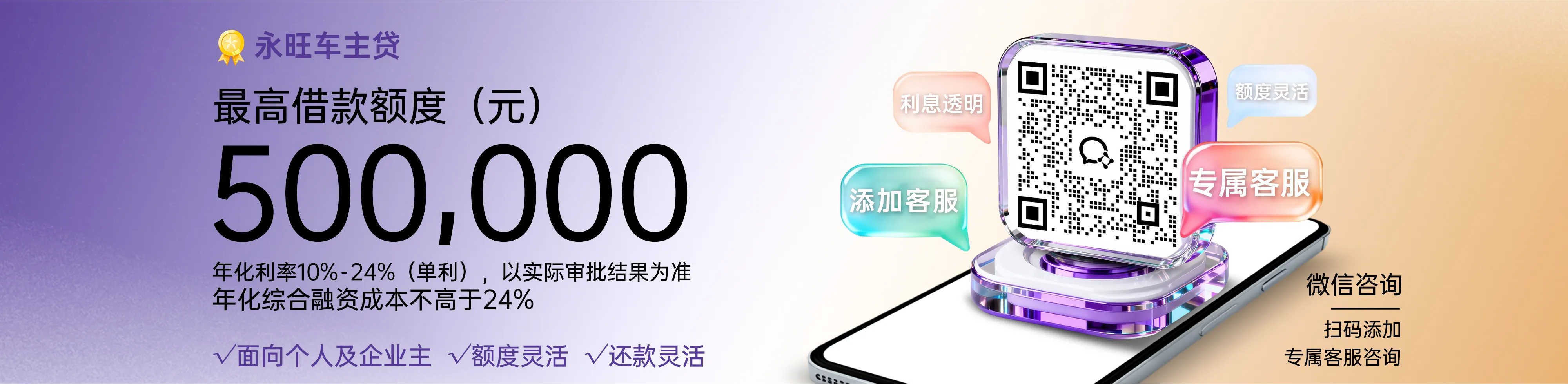 车主贷是永旺小贷为个人、企业主提供的正规车辆抵押贷款产品，资料齐全，审批通过后放款，以实际审批结果为准，额度 1万-30万，还款期数 12/18/24/36，批核快速，用款方便，专属客服，提供一对一服务